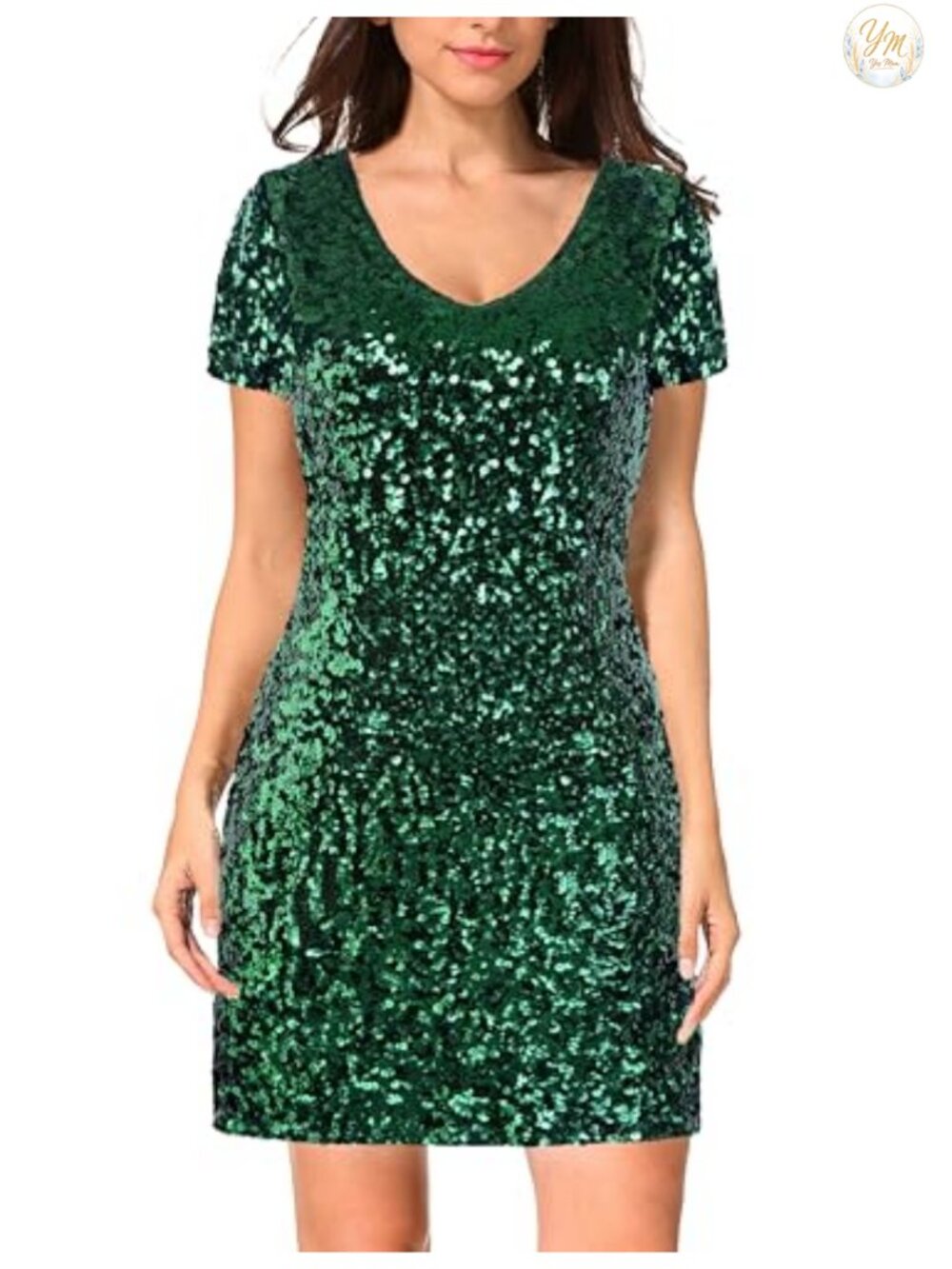 Sequin Glitter V Neck Mini Bodycon Party Club Dress Short Sleeve